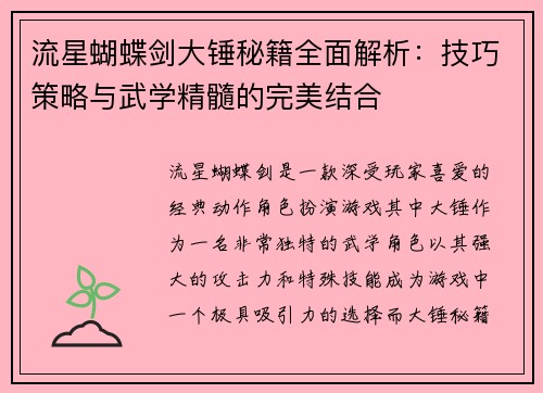 流星蝴蝶剑大锤秘籍全面解析：技巧策略与武学精髓的完美结合